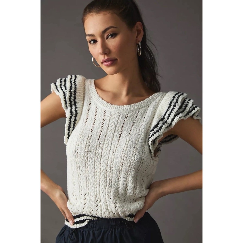 Maeve Anthropologie Pointelle Crochet Ruffle Sweater Tank Ivory Black Size S